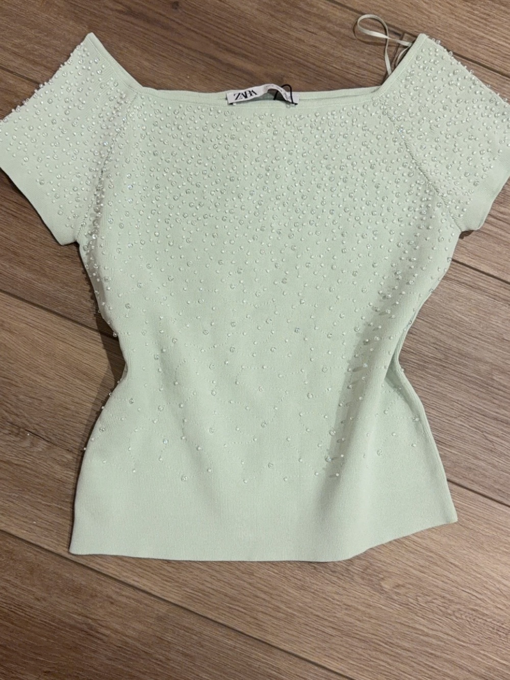 ZARA Mint Green Short-Sleeve Pearl-Embellished Top